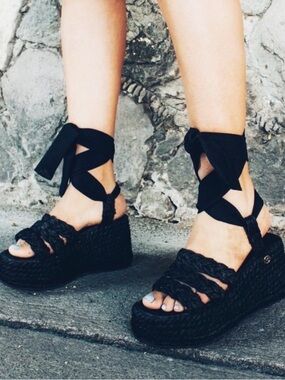 Black Wedge Sandals with Ribbon Tie
